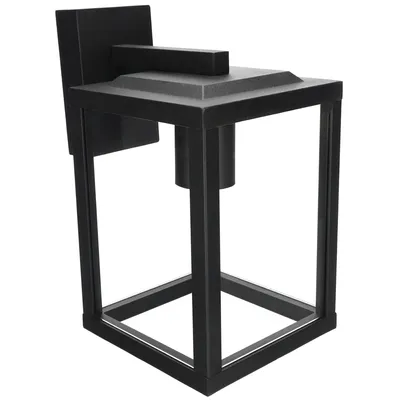 A black outdoor wall lantern with a modern, geometric design.