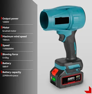 Obrázok produktu pre Fúkač – Elektrický turbofúkač – 1200 W – 18 V s 2 batériami – Výkonný a ľahký