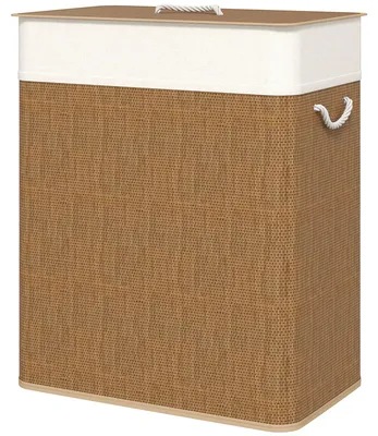 Zdjęcie produktu dla Koszyk na pranie z bambusa, pojemność 100 litrów, z 2 przegródkami | Kolor: brązowy, biały | Wymiary: 32x52x63 cm