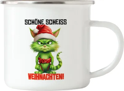Produktbild von Schöne Scheiss Weihnachten Emaille Tasse Katze Cat Weihnachtsmuffel Weihnachtsgeschenk für Katzenbesitzer