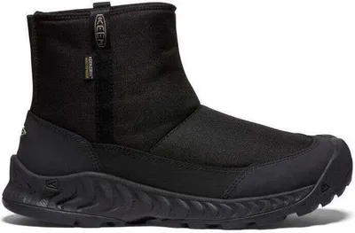 A black Keen winter boot is shown against a white background.