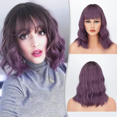 Produktbild von Kurze Bob Perücke mit Pony lockige Synthetische Cosplay Perücke 14 Zoll