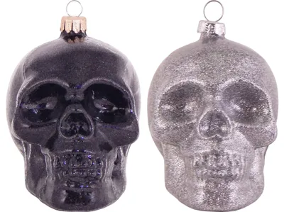 Produktbild von Krebs Glas Lauscha Baumschmuck 2er Set - Totenköpfe in Schwarz/Silber - 10cm - aus Glas - handgefertigt/mundgeblasen