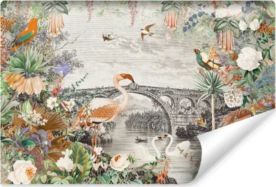 Produktbild von Muralo Selbstklebende Fototapete VÖGEL bunte Blumen Blätter Brücke Abstraktion Vintage Br. 180cm x Hö. 120cm