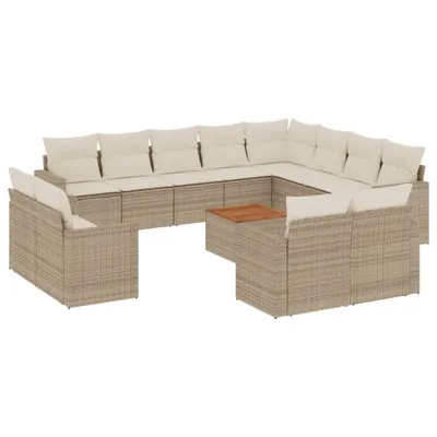 Produktbild von Modulares Gartenmöbel-Set, 13-teilige Sofagarnitur mit Stauraum, PE-Rattan, Akazienholz-Tischplatte, UV-beständig, Beige, Cremeweiß