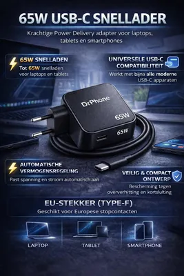 Productafbeelding van DrPhone PowerCore - 65W USB-C / TYPE-C Laptop Lader & Adapter - Compatibel Met