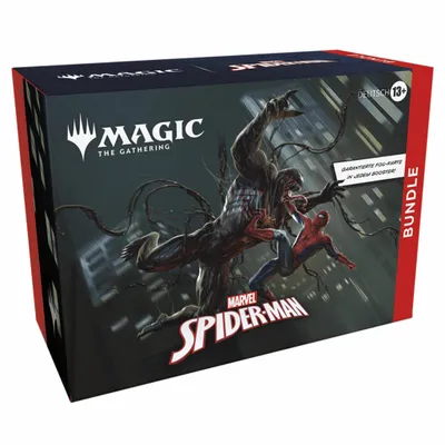 A Magic the Gathering Marvel's Spider-Man Bundle box with artwork of Spider-Man fighting Venom.