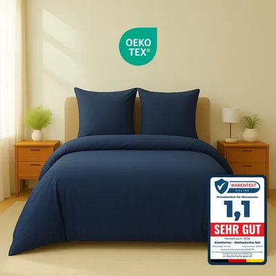 A bed with navy blue bedding, two pillows, and nightstands on either side.