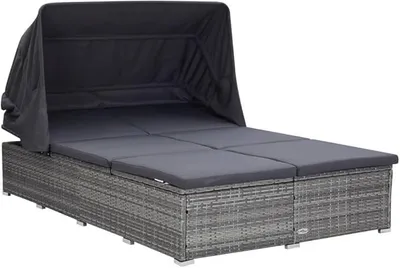 Produktbild von 2-Personen Sonnenliege mit Dach, Gartenliege aus Polyrattan, verstellbare Doppelliege für Terrasse Pool und Garten, Grau