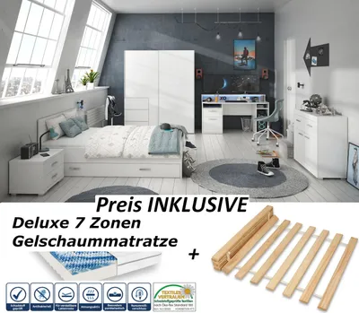Produktbild von Jugendzimmer komplett Möbel Gaming Zimmer Tezaur "Snow" von Forte 8 teiliges Komplett Set Jugendzimmermöbel