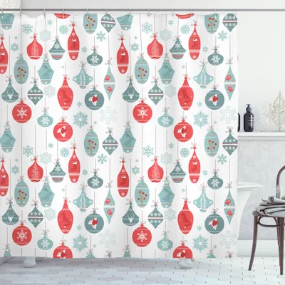 Produktbild von ABAKUHAUS Weihnachten Duschvorhang, Freudige Weihnachten Muster, Waserdichter Stoff mit 12 Haken Set Dekorativer Farbfest Bakterie Resistet, 175 x 180 cm, Blau Roten