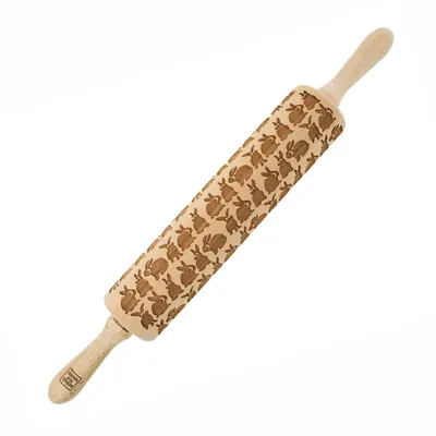 Obrázek produktu pro MoodForWood dřevěný váleček na těsto, gravírovaný, 43 cm, s rukojetí, ideální na pečení - vzor králíků
