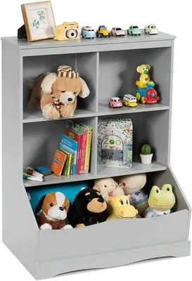 Produktbild von Spielzeugschrank, Aufbewahrungsschrank mit offenen Fächern & Kasten, Bücherregal Aufbewahrungsbox Standregal für Spielzeugaufbewahrung (Grau)