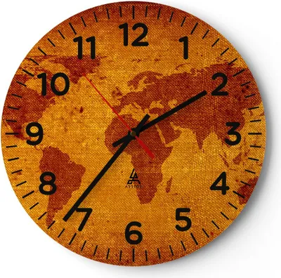 Produktbild von Wanduhr - Rund - Glasuhr - Alte Karte Kontinente Reisen Welt - 40x40cm - Schleichendes Uhrwerk - Lautlos - zum Aufhängen bereit - Dekoration Modern - Wanddekoration aus Glas - C4AR40x40-0396