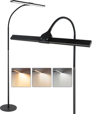 A black LED floor lamp with a flexible gooseneck and a long light bar, shown with three inset images demonstrating different light color temperatures.