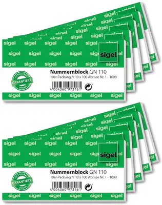 Produktbild von SIGEL GN110 Nummernblock, 10er-Pack, nummeriert 1-1000, 5-fbg. sortiert, 105x50 mm, 10 x 100 Blatt