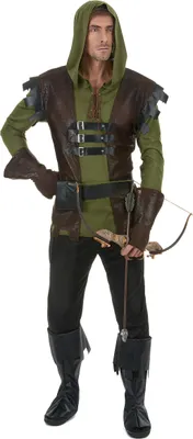 A man dressed in a medieval archer costume, holding a bow and arrow.