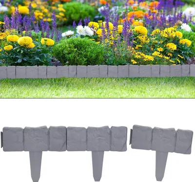 A garden border made of plastic in a stone/granite look, shown both installed in a garden and as individual pieces.