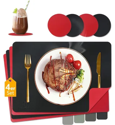 Produktbild von Tischsets Abwaschbar Lederoptik Hitzebeständig 4er Set Rot+Schwarz 43x30cm inkl. Untersetzer