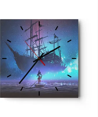 Produktbild von Wanduhr - Quadrat - Glasuhr - Märchen Segelschiff - 40x40cm - Schleichendes Uhrwerk - Lautlos - zum Aufhängen bereit - Dekoration Modern - Wanddekoration aus Glas - C3AC40x40-4034