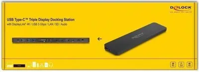 Produktbild von DeLOCK USB Type-C Triple Display Dockingstation mit DisplayLink® 4K / USB 5 Gbps / LAN / SD / Audio / PD 80 W, Andocken, PCIe, 3,5 mm, 10,100,1000 Mbit/s, Schwarz, MicroSD (TransFlash), SD
