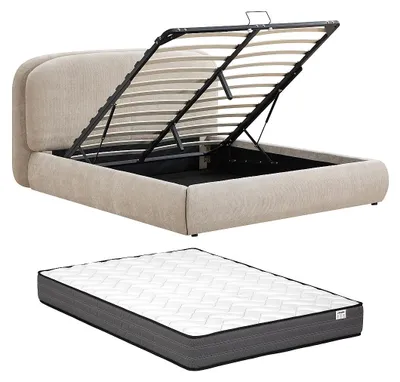 Produktbild von Bett mit Stauraum 160 x 200 cm – Strukturierter Stoff – Beige + Matratze – ZORIMA