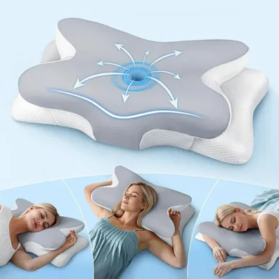 Produktbild von Nackenkissen, ergonomisches Kissen – Memory-Schaum – Hellgrau – Mit abnehmbarem Bezug – Für Rücken-, Seiten- und Bauchschläfer
