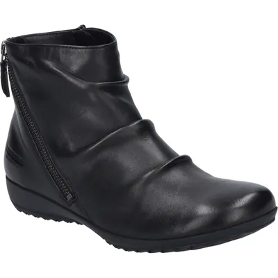 A black leather ankle boot with a side zipper and ruched detailing.