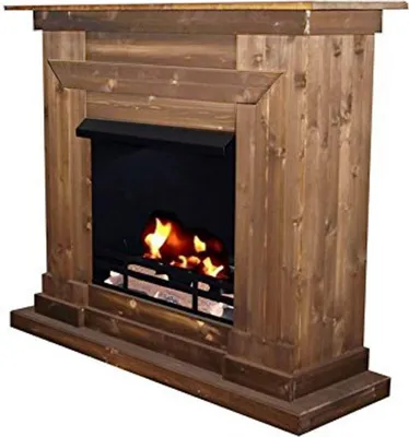 A wooden fireplace with a simulated flame.