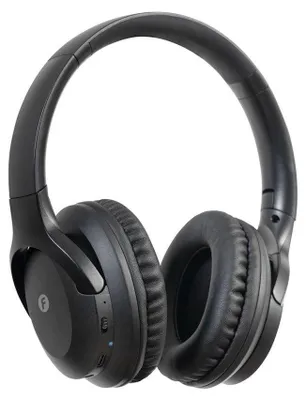 A pair of black wireless Bluetooth headphones shown from the front-left.