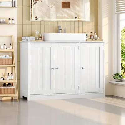 Image de Armoire de salle de bain – Meuble mural – Meuble-lavabo – 3 portes avec étagères réglables et poignées dorées