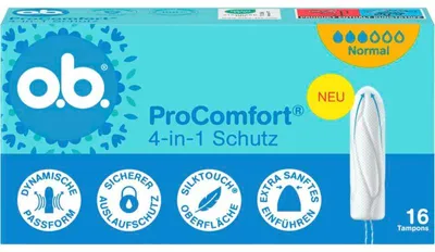 Zdjęcie produktu dla 6 szt. tamponów o.b. ProComfort Normal, 4-w-1, przeznaczone do użytku podczas średnio obfitych krwawień, 16 sztuk.