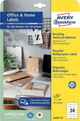 Produktbild von Avery LR3475, Weiß, Rechteck, Permanent, 70 x 36 mm, A4, Universal