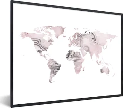 Produktbild von MuchoWow® Gerahmtes Poster Weltkarte - Farbe - rosa 80x60 cm - Poster mit Schwarzem Bilderrahmen Wandposter Rahmen Foto Bilder - Schwarzem - Mit Gestell