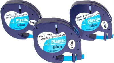 Produktbild von vhbw 3x Schriftband-Kassette Plastik kompatibel mit Dymo LetraTag LT-100H, 2000, LT-100T, 200B Etiketten-Drucker 4m x 12mm Schwarz auf Blau