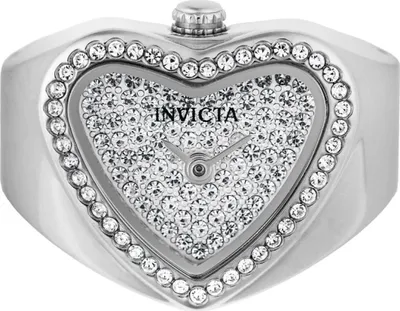 A close-up, front-facing view of a heart-shaped ring with a watch face.