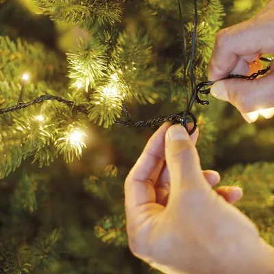 Hands are shown attaching a string of LED lights to a Christmas tree.