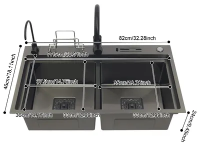 Produktbild von Küchenspüle Doppelbecken - Einbauspüle - 82x46 cm - Edelstahl 304 - Mit Armatur - Rechteckig - Schwarz