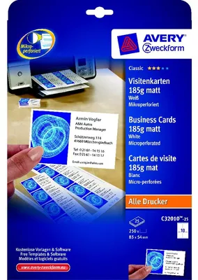 Produktbild von Avery Zweckform C32010-25 Classic Visitenkarten, 85 x 54 mm, beidseitig beschichtet - matt, 25 Blatt