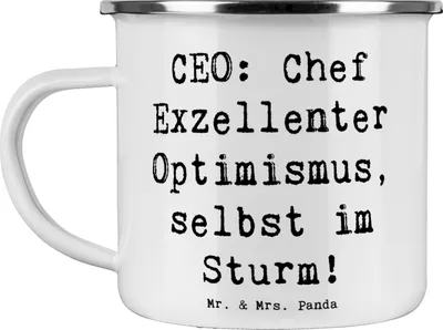Produktbild von Mr. & Mrs. Panda Emaille Becher Spruch CEO Optimismus - Weiß - Geschenk, Herausforderungen, Pott, Tasse, Geschäftsstrategie, personalisierte Geschenke, Teetasse, Beruf