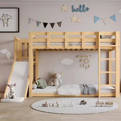 Obrázek produktu pro Dětská postel se schody a ohrádkami, závěs na postel, skluzavka Patrová postel pro mládež MDF+borovice 90x200cm příroda