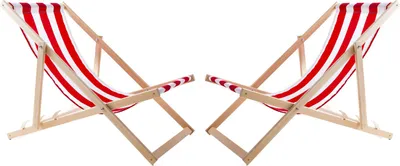 Two red and white striped deck chairs are shown against a white background.
