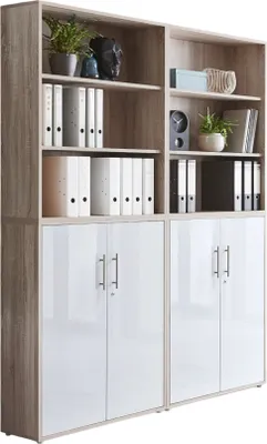 Produktbild von Aktenschrank TABOR 11 in Eiche Sonoma / weiß Hochglanz, Schrankwand, Büroschrank, abschließbar, Metallgriffe