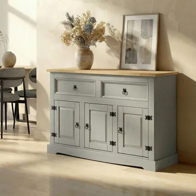 Produktbild von Sideboard TEQUILA Kommode mit 3 Türen 2 Schubladen,  Schubladenschrank massiver Kiefer grau/braun Buffetschrank Geschirrschrank