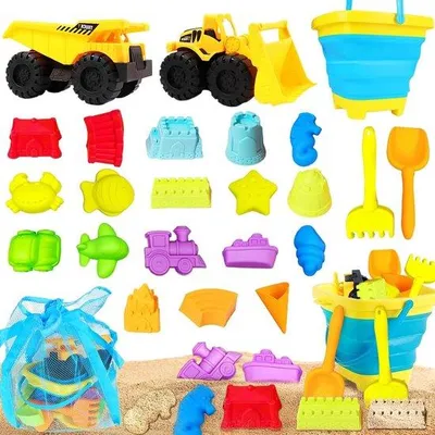 Produktbild von Kleinkinderspielzeug-Set - 24 Teile mit Sandformen, faltenfähigem Schubkarren, Spielzeugauto, Sandrake und Netzen - Geeignet für Jungen und Mädchen ab 3 Jahren