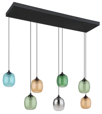 Produktbild von NOWA Hängeleuchte Metall schwarz matt, Glas, Acryl satiniert, Kabel PVC schwarz, mehrere Stufen über Wandschalter, Memoryfunktion, Höhe kürzbar, Glasfarben: je 1x dunkelgrün, rauchfarben, blau, je 2 x hellgrün, orange, 3 Helligkeitsstufen zu schalten: 100% - 50% - 10%, LxBxH: 1020x320x1500mm, inkl. LED 38W 230V, 4600lm Source, 2700lm Output, 3000K