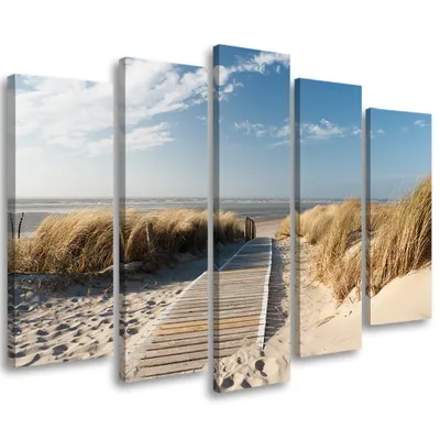 Produktbild von 5-teiliges leinwandbild meer natur strand 100x70 cm Feeby beige wandbild bereit zum aufhängen
