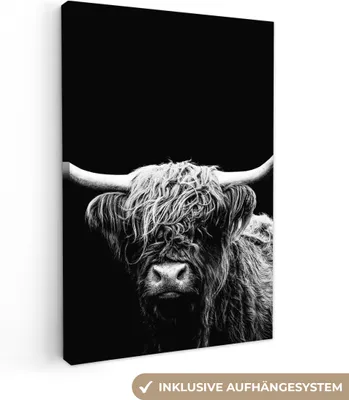 Produktbild von MuchoWow® - Leinwandbilder - Schottischer Highlander - Kuh - Schwarz - Weiß - Tiere, Wandbild, Wanddeko Bilder Wohnzimmer, 80x120 cm