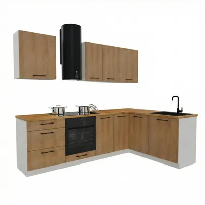 Obrázek produktu pro Rohová kuchyňská linka - 260x170 cm - Dub Hicora - 8 skříněk - s hnědou pracovní deskou - moderní kuchyňský blok - BONO