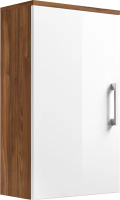 A close-up, side view of a wall-mounted cabinet with a white door and a walnut-finished side panel.